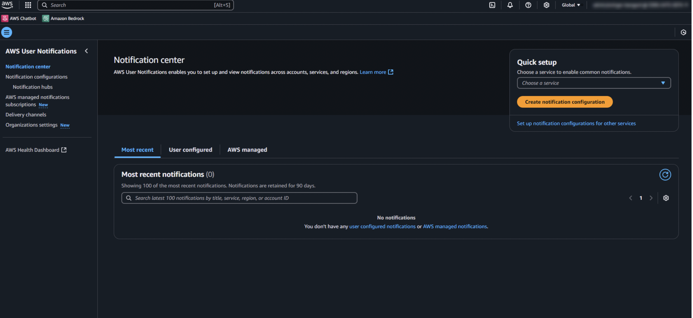 AWS User Notifications console, showing the notification center with quick setup panel