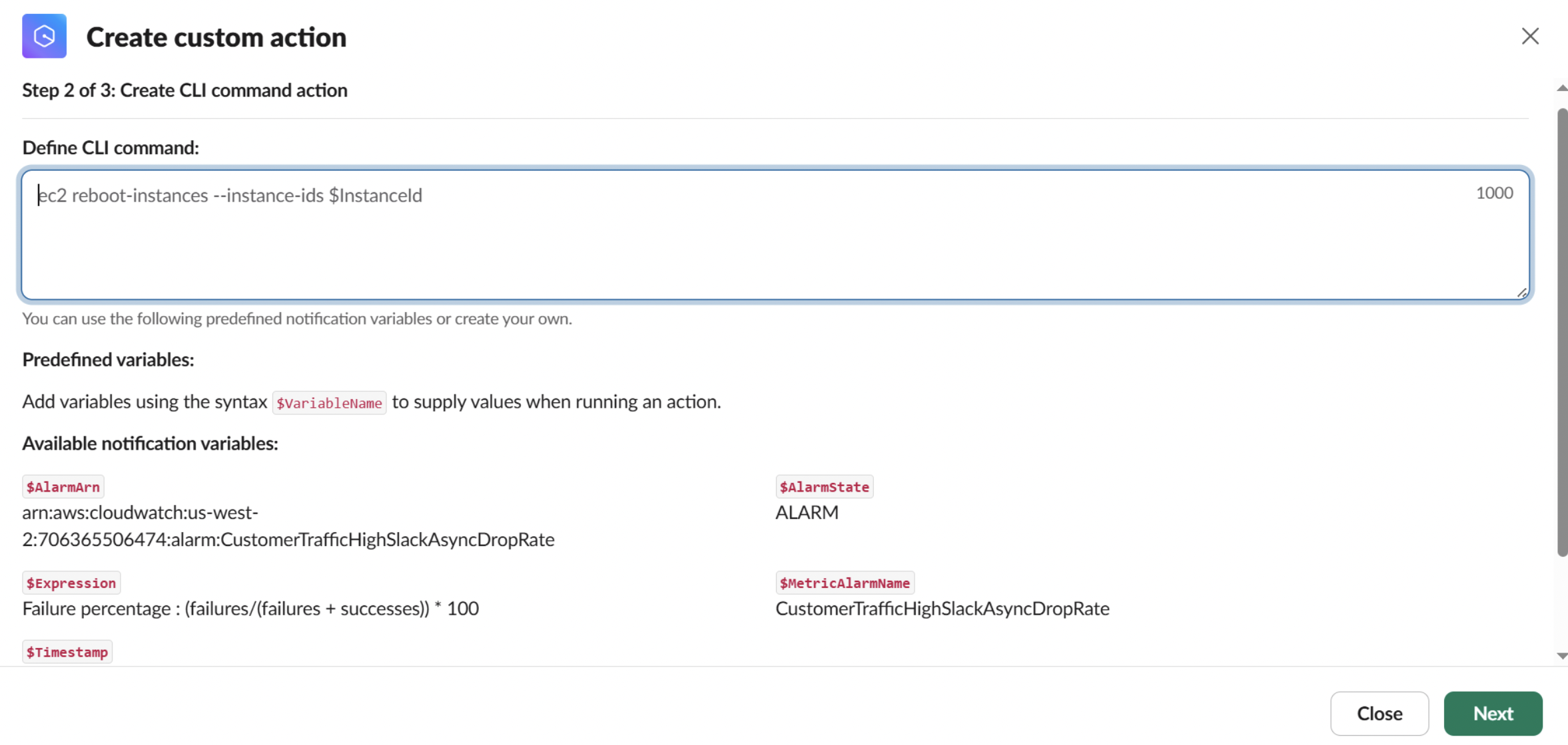 Create custom action step 2 of 3, defining the CLI command and available notification variables