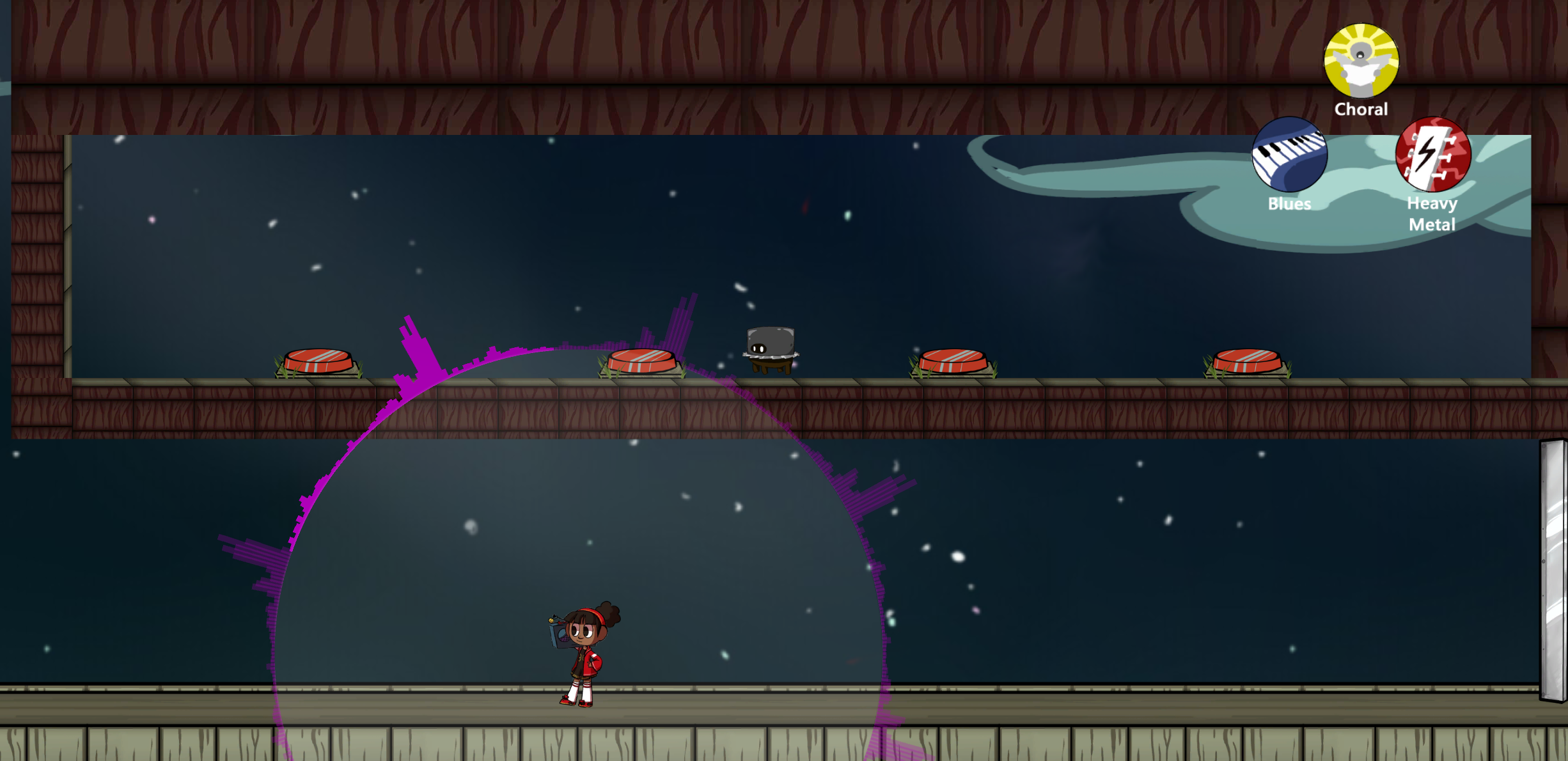 Gameplay showing a large purple area-of-effect circle from a Blues and Heavy Metal mashup