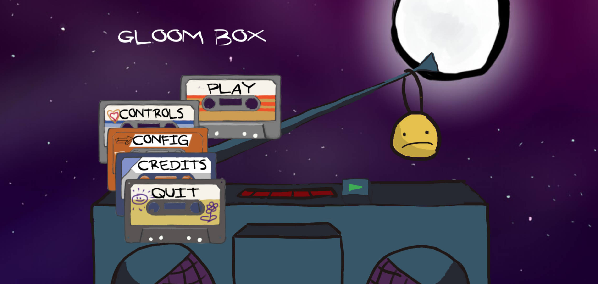 Gloom Box title screen, showing the cassette-tape menu and the Gloom mascot hanging from the moon