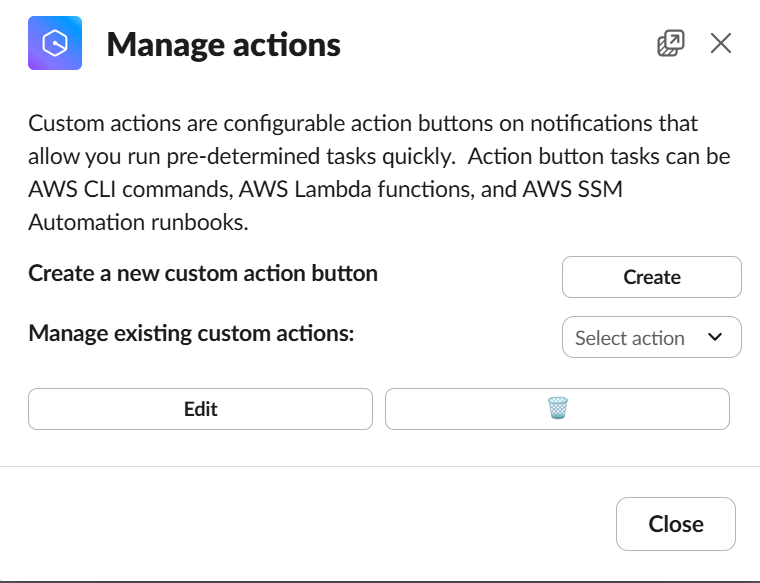 Manage actions modal for creating custom action buttons on notifications