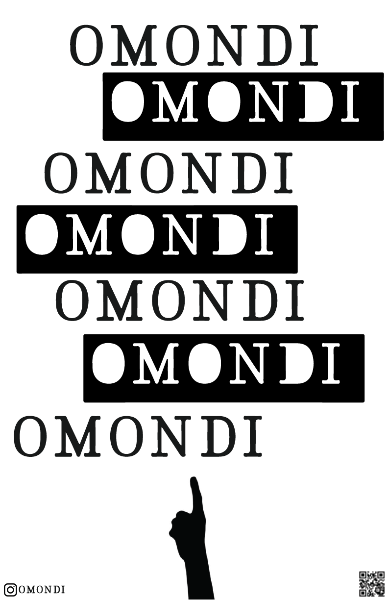 OMONDI poster concept, repeated wordmark in serif type with alternating black bars
