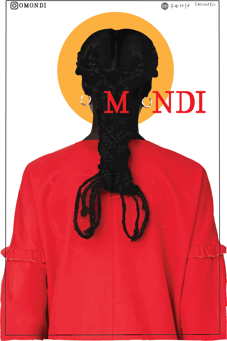 OMONDI poster concept, silhouette portrait from behind with braided hair and a gold halo