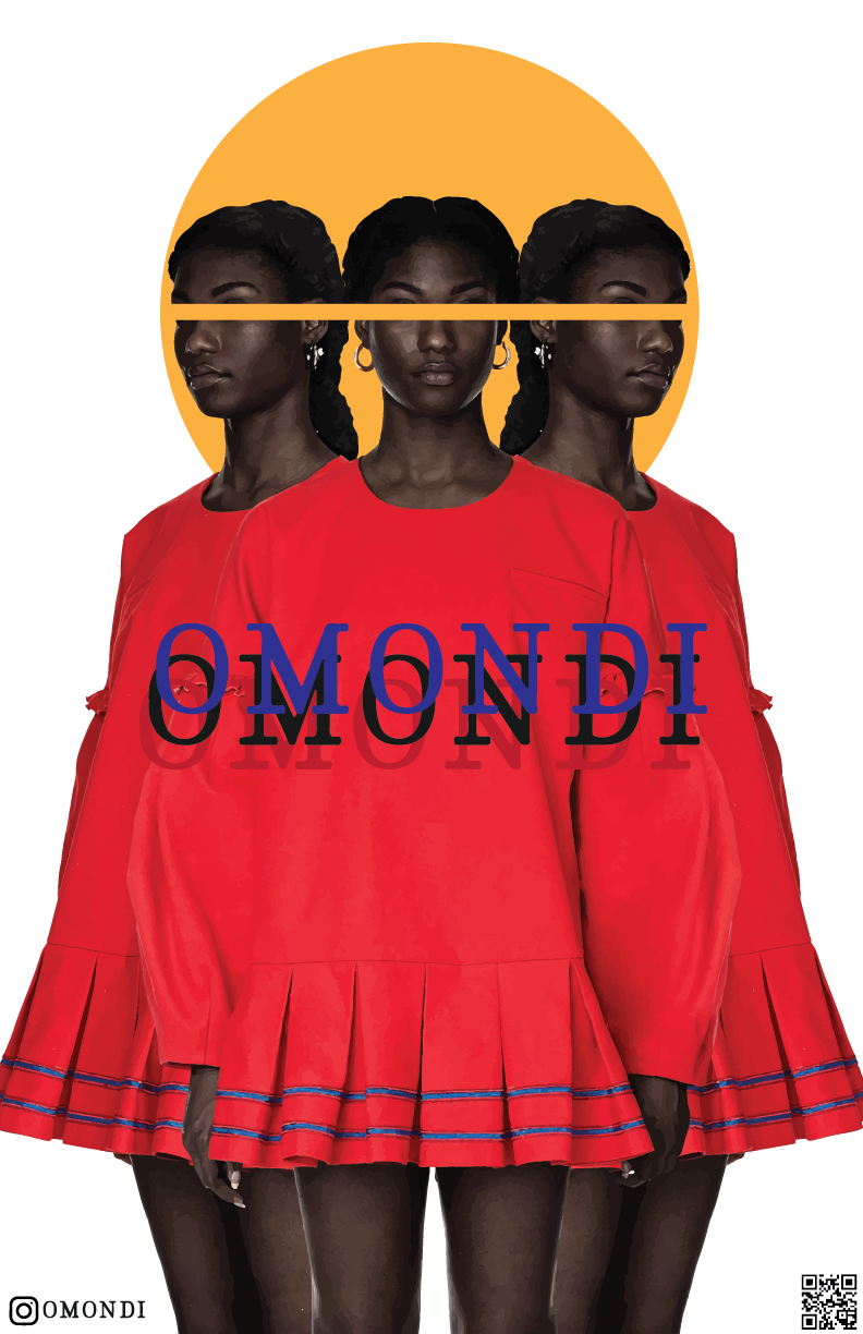 OMONDI poster concept, triple-exposure portrait in red pleated top against a gold circle