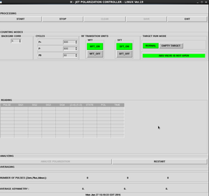 Original H - Jet Polarization Controller application, dark UI with acquisition state, cycle time, and RF transition state panels