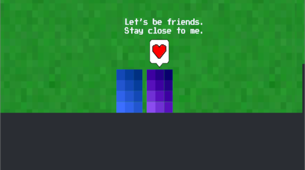 Pixalto gameplay showing a heart prompt reading Let's be friends, stay close to me, with a blue and purple enemy sprite