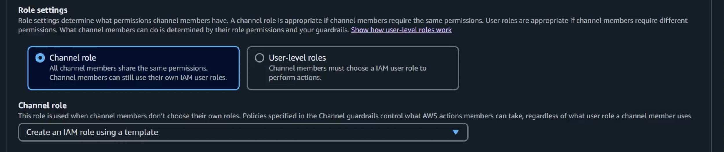 Role settings panel showing Channel role and User-level roles options