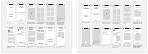 Two columns of low-fidelity app wireframes