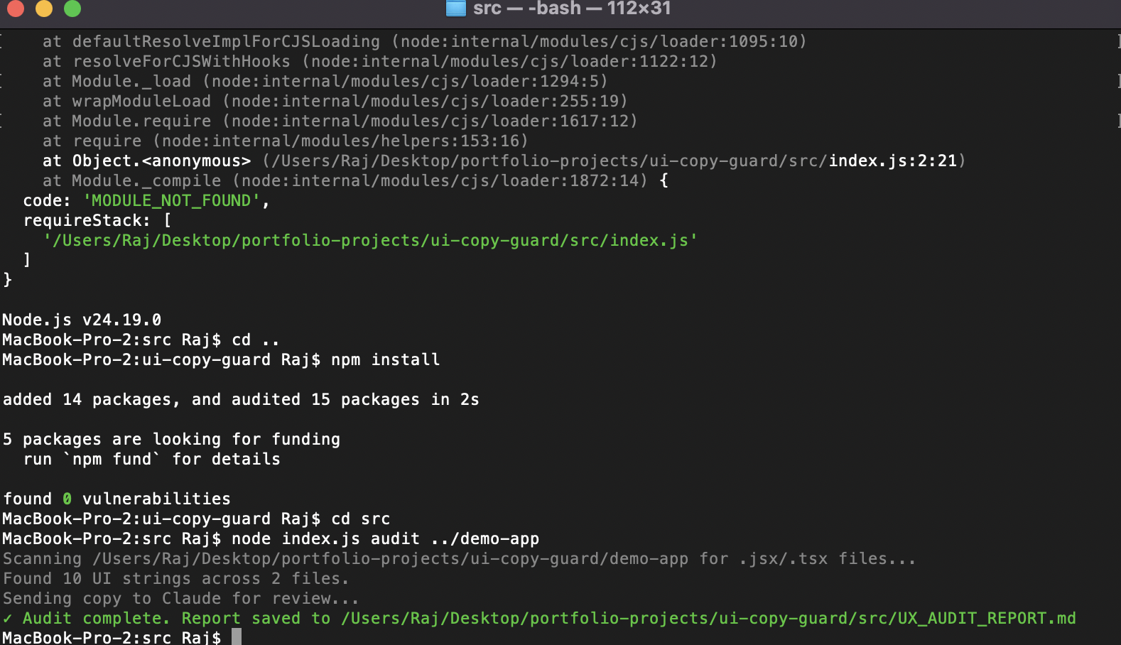 Terminal running ui-copy-guard, scanning a demo app and writing the audit report to disk